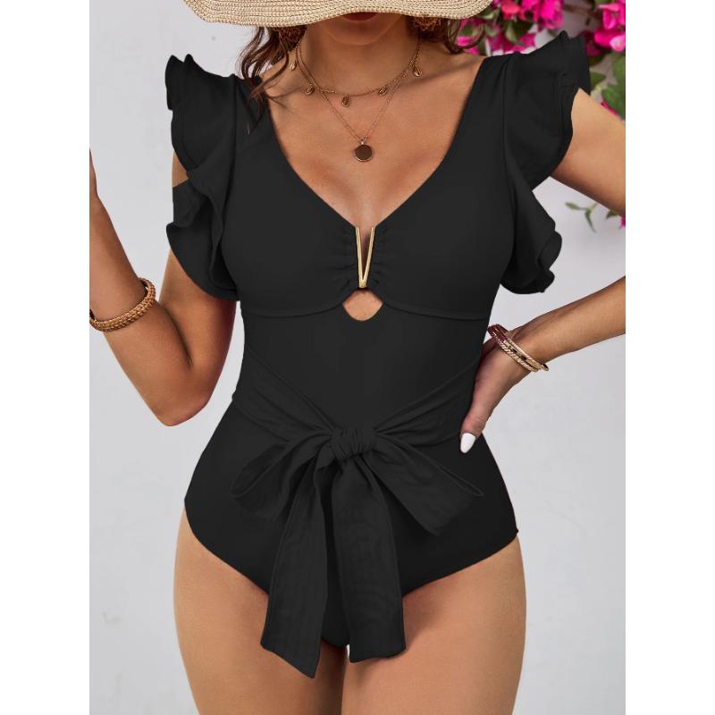 2025 New Sexy Ruffle Soild V-neck One Piece Strappy Slimming Swimwear Women Swimsuit Deep-V Bathing Suit Beach Wear Monokini