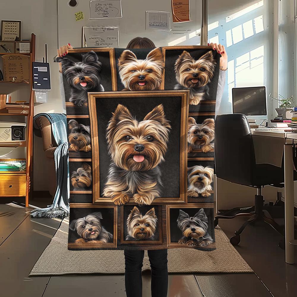 1 шт. Фланелевое одеяло с принтом йоркширских терьеров, Высококачественное, Удобное для всех сезонов, Декор для дома, Тепло и уют, Идеально для рождественских подарков