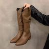 Vintage Brown V-mouth Stack Medium Tube Boots Women's Shoes 2025 Spring and Autumn Winter Pointed Western Cowboy Boots