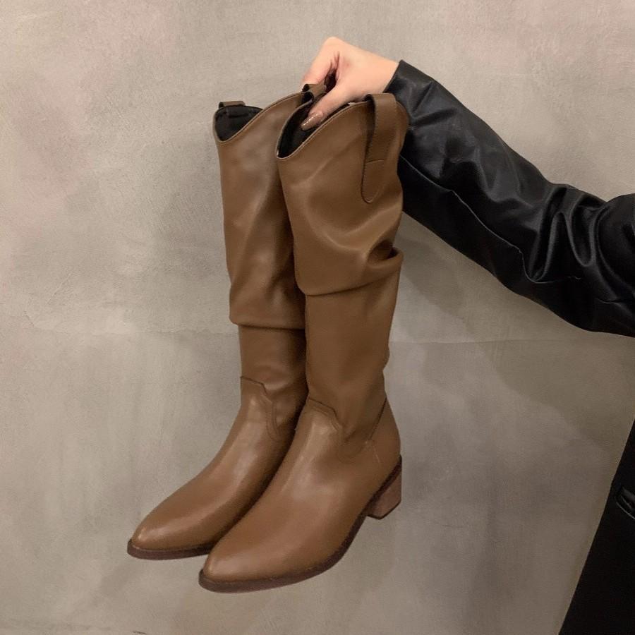 Vintage Brown V-mouth Stack Medium Tube Boots Women's Shoes 2025 Spring and Autumn Winter Pointed Western Cowboy Boots