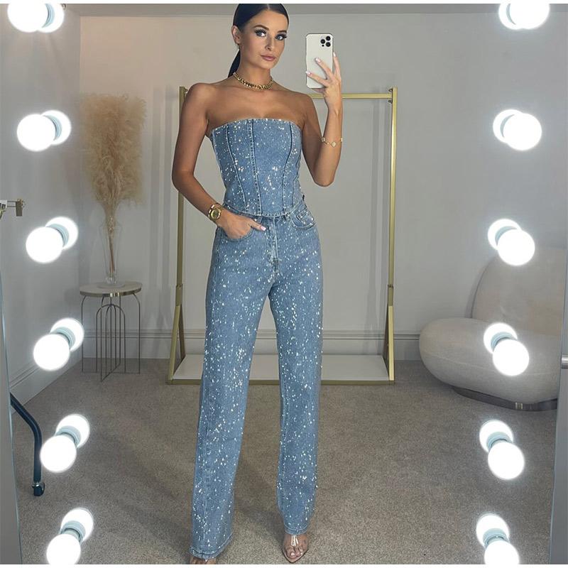 2025 Sexy Off-The-Shoulder Sparkling Vest Diamond Decorated Straight Leg Pants Suit Two-Piece Set Women's Spring Fashion Party Suits