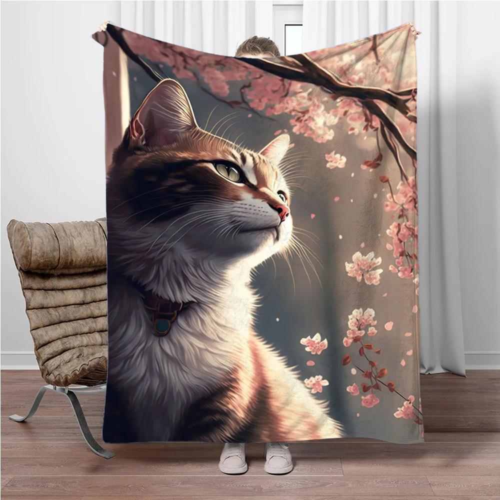 Cats Cherry Blossom Flannel Blanket Children Warm Soft Blanket for Sofa Bed Cover Blanket Suitable for Birthday Souvenir Gifts