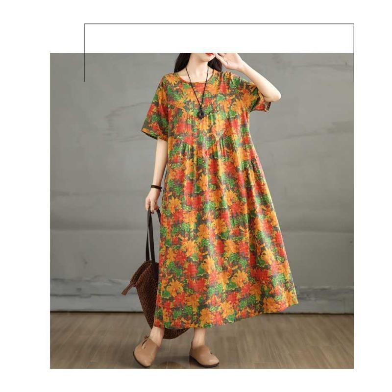 Summer Retro Cotton and Linen Round Neck Short Sleeved Dress, Women's Loose Skirt