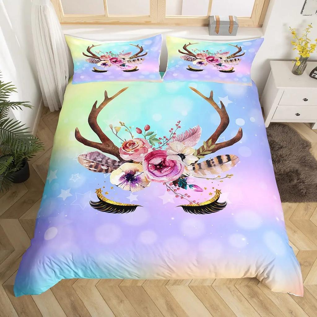 Unicorn Eyelas Duvet Cover Gradient Red and Purple Rainbow Golden Long Lashes Glittering Polyester Bedroom Decorations Women Kid