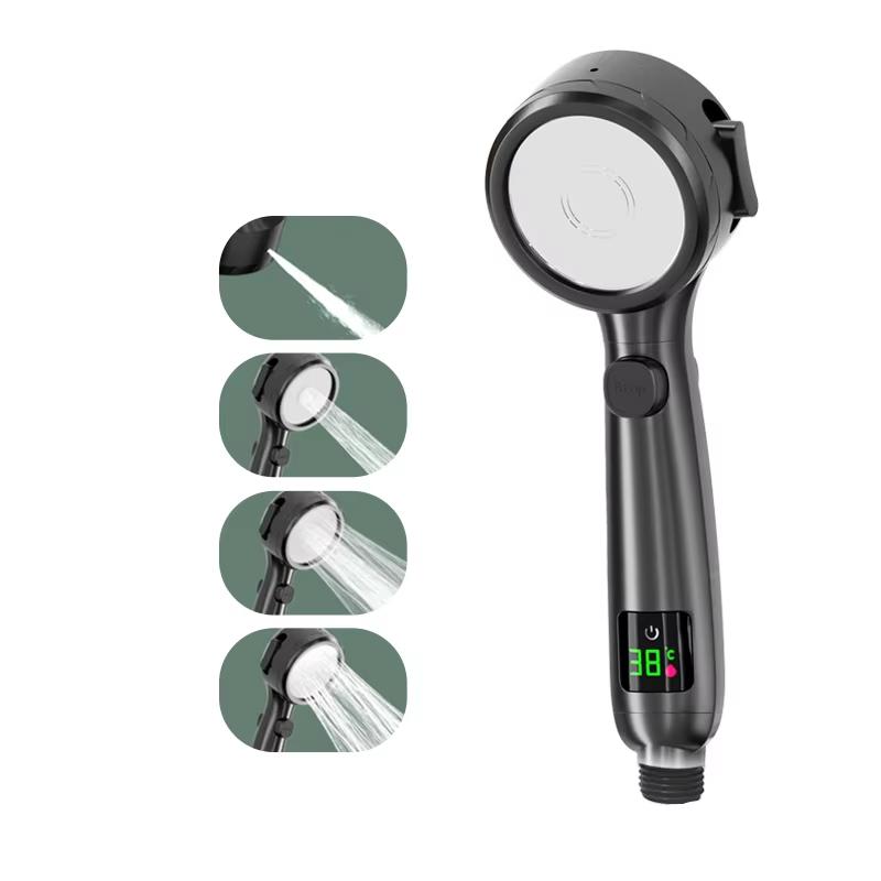 High-Pressure Digital Display Handheld Shower Head 4 Mode Jet Styles New Black ABS Bathroom Faucet Accessory Single Water Outlet