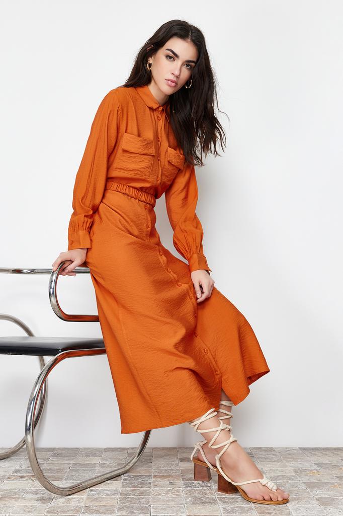 Women's Fashion New Hijab Dress Cinnamon Waist Elastic Belted Pocket Detailed Woven Dress