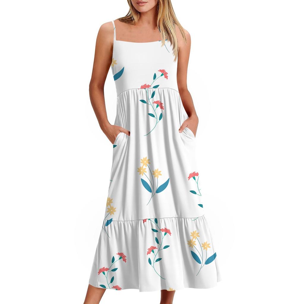 Women's Long Beach Casual Elegant Spaghetti Strap Maxi Dress Floral Low-key Flowing Bohemian Dress