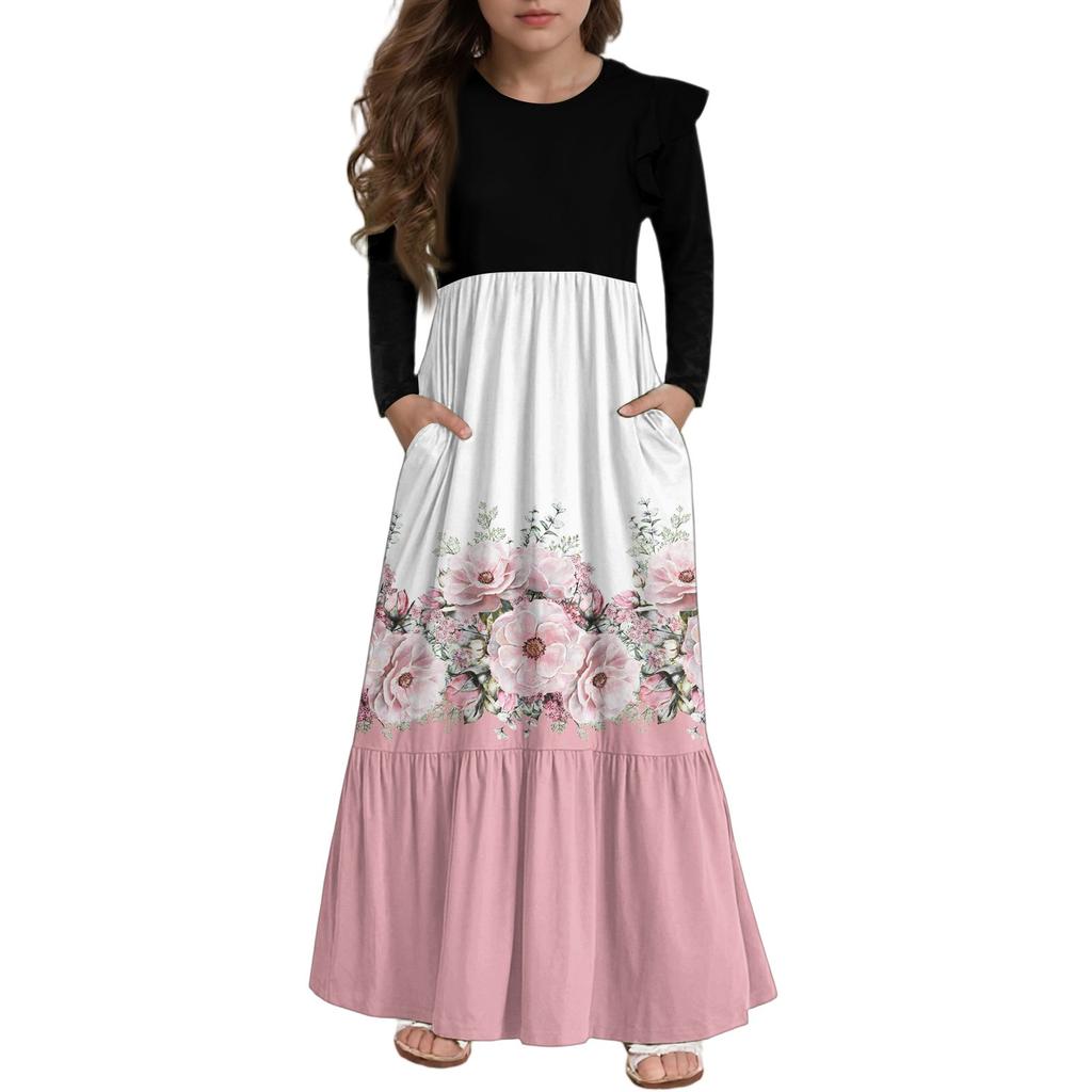 Girls' Tiered Ruffle Dress - Long Sleeve Printed Maxi With Pockets