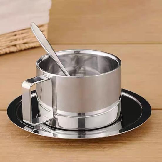 Pcs Coffee Cup Set Stainless Cup with Steel Espresso Saucer And Spoon Double Walled Drinkware