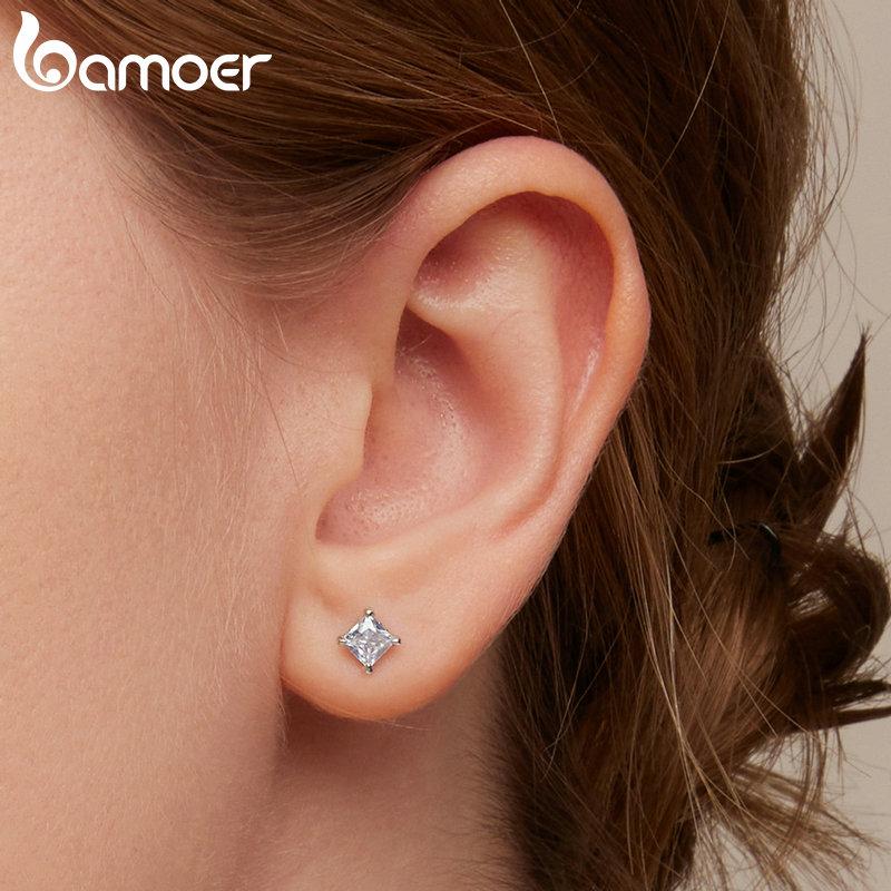 BAMOER 925 Sterling Silver Simple Square Zircon Stud Earrings for Women Trendy Shining Ear Studs Fine Jewelry Gift