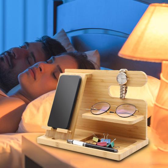 Phone Holder Stable Multifunctional Wooden Phone Organizer Key Wallet Watch Storage Shelf for Bedside Table