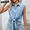 Женская летняя рубашка из тонкого джинсового полотна со шнуровкой, короткий топ без рукавов, футболка с воротником-поло