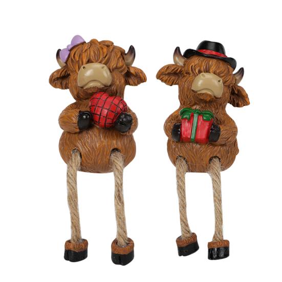 2 шт. Мультяшная фигурка высокогорного быка, пара, статуэтка высокогорного скота, смоляная скульптура, садовое украшение для цветочного горшка