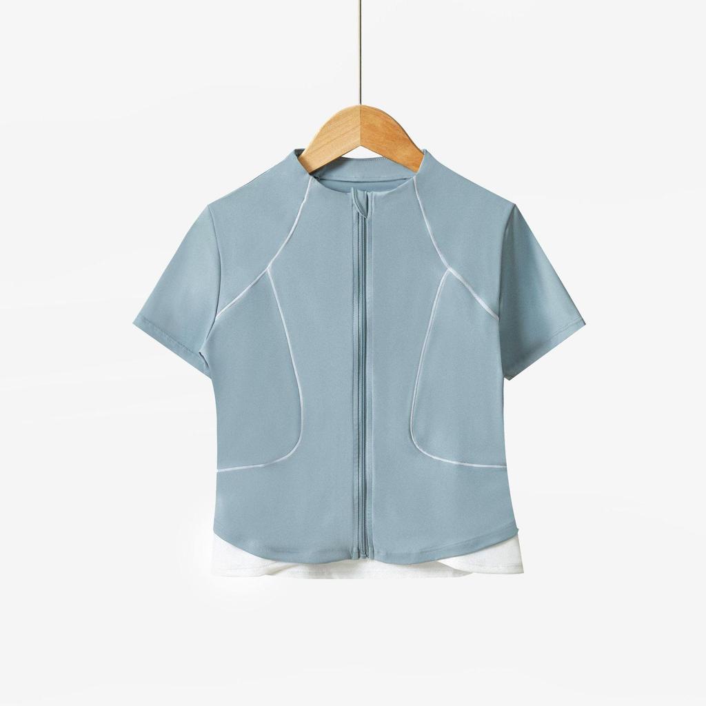 Женский спортивный топ с коротким рукавом, быстросохнущий: Куртка на молнии приталенного кроя для велоспорта, йоги, бега для летнего фитнеса