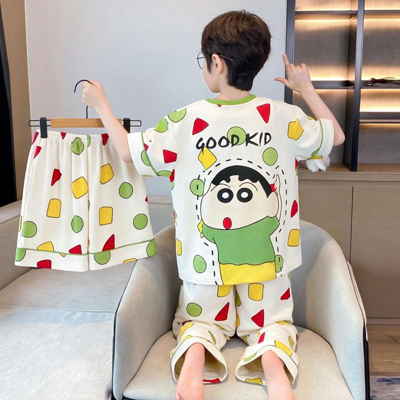 Boys Cotton Pajama Set Short Sleeve Shorts 3-Piece Cartoon Sleepwear Lightweight Home Outfit Kids