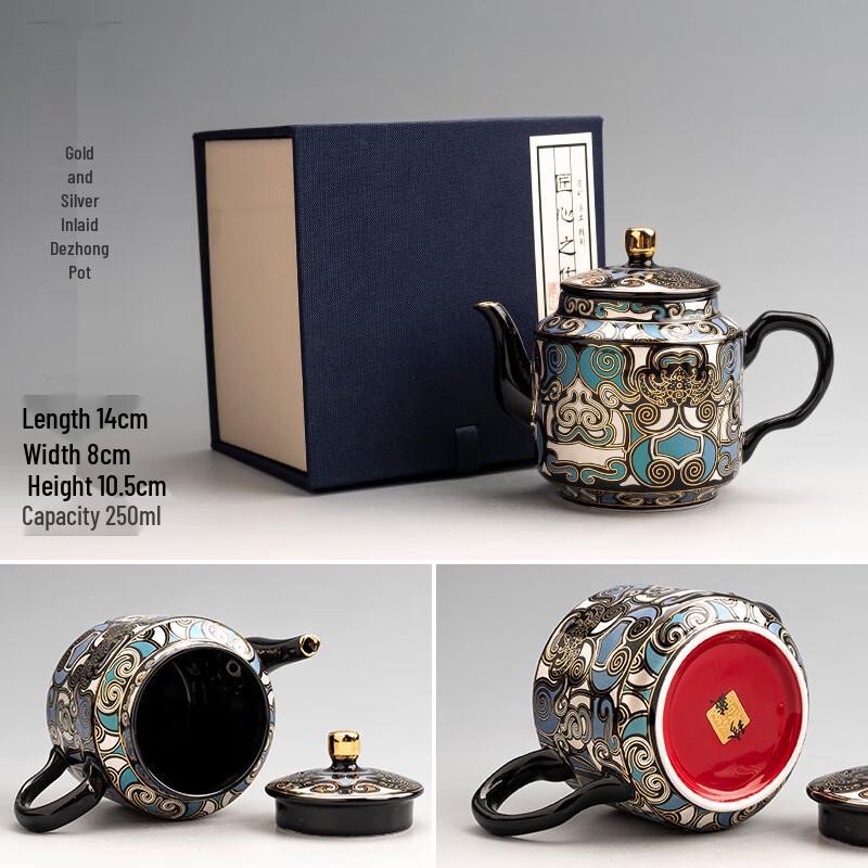 Taotie Ceramic Kung Fu Teapot with Gold & Silver Inlay