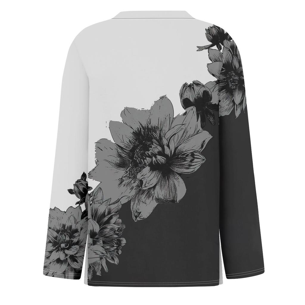 Women's Fashion Casual Slit Hem Round Neck Long Sleeve Loose  Printed T-Shirt Ladies Top