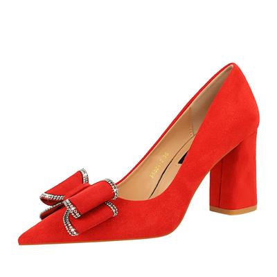 Женская мода Элегантные туфли-лодочки на толстом каблуке из флока с острым носком, украшенные кристаллами и бантом-бабочкой, вечерние туфли для свадьбы и вечеринки