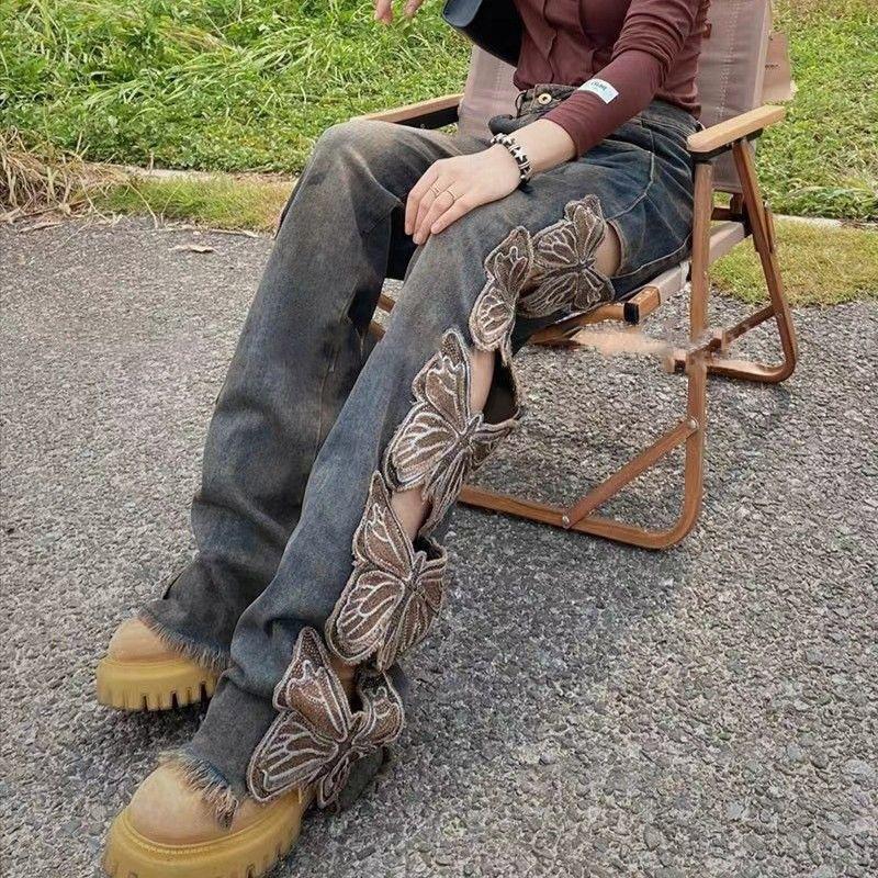 Винтажные модные джинсы с высокой талией, вышитые рваные, свободные, с бабочками, широкие, для женщин