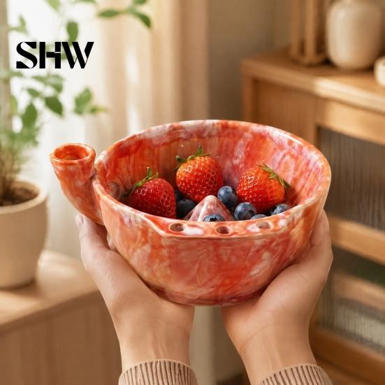 Decorative Fruit Display Dish Ceramic Berry Bowl, Self Rinsing with Drainage Hole Washing Small Serving Bowl Glazed for Kitchen Countertop Food