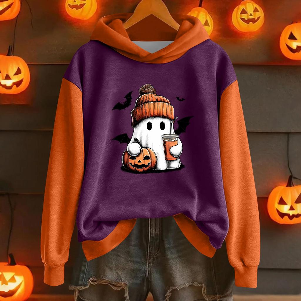 Women's Fashion Lightweight Long Sleeve Pullover With Halloween Print Hoodie