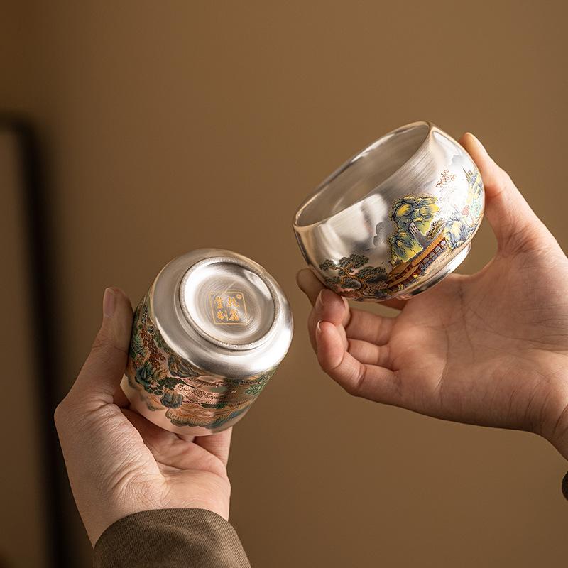 Чайная чашка в стиле «шинуазри», серебряная 999 пробы, одинарная чайная чашка в стиле «шинуазри», серебряная позолоченная, керамическая чайная чашка в стиле кунг-фу, большая подарочная чашка для высокого столика