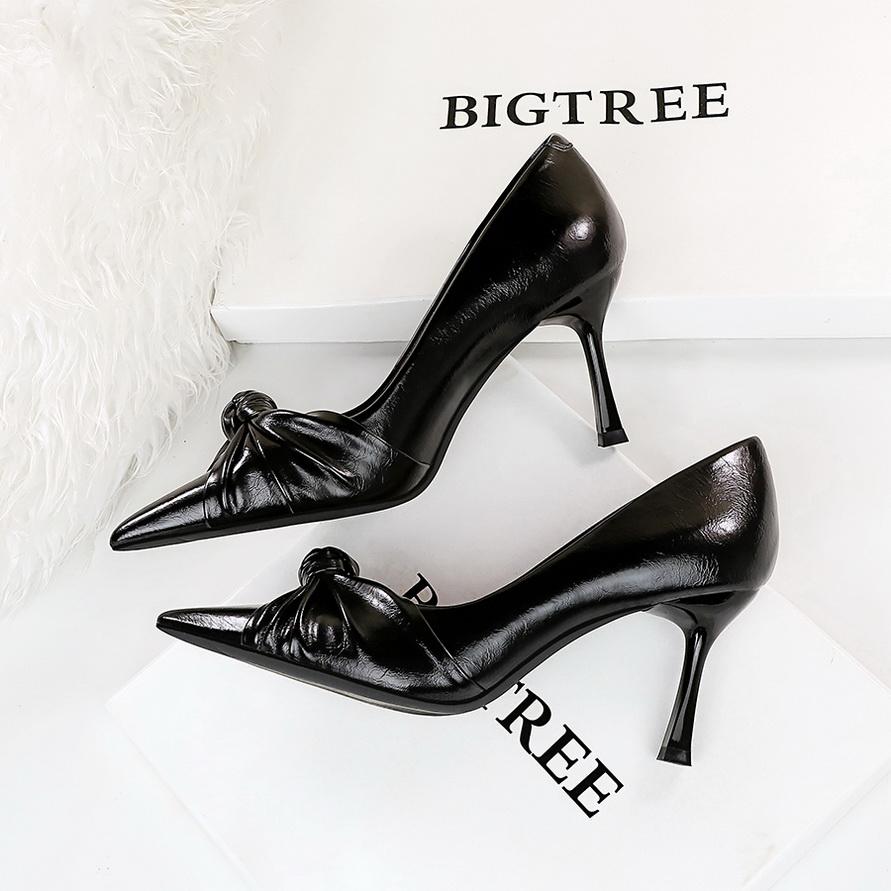 Сексуальные туфли для ночного клуба на тонком каблуке, очень высокие каблуки, женские туфли на высоком каблуке с острым носком и бантом