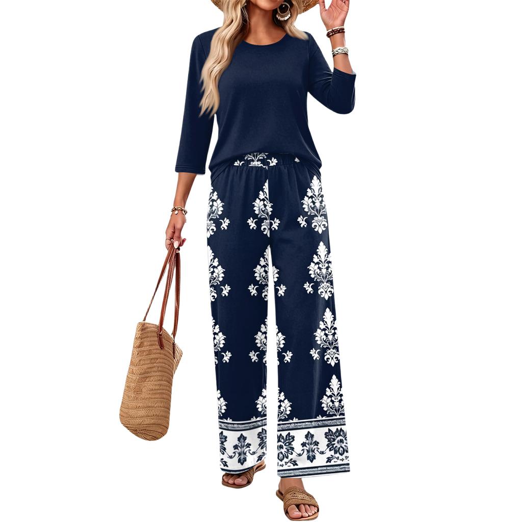 Women's Casual Fashion Round Neck Loose Fit Printed Three Quarter Sleeve Top with Wide Leg Pants Set Comfortable Two Piece Outfit