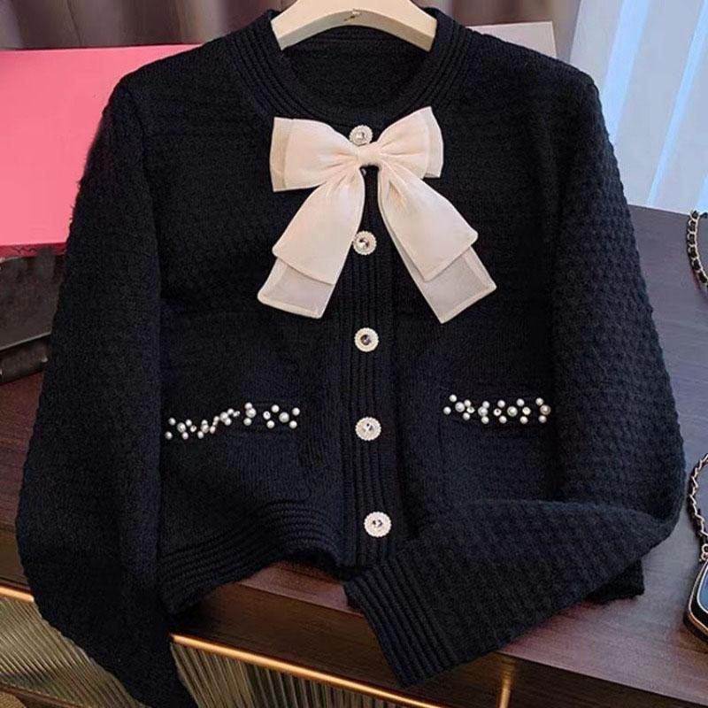 Cardigan Sweater Jacket Women's Autumn and Winter New Korean Version Red Bow Nail Bead Knitted Top