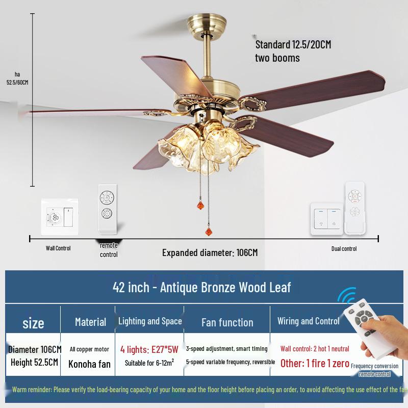 Европейский ретро потолочный светильник-вентилятор середины века с железными лопастями - Переменная частота, высокий воздушный поток для гостиных или ресторанов.