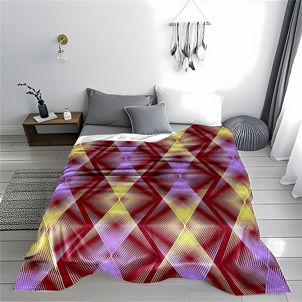 Geometric Diamond Pattern blanket with Red, Yellow, and Purple Design blanket, suitable for use in the bedroom, living room, on the sofa