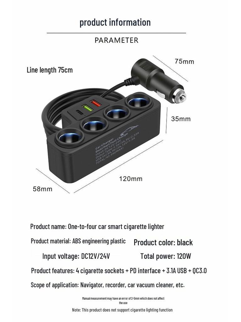 Универсальное автомобильное зарядное устройство высокой мощности: Разветвитель прикуривателя 1 на 4, PD+Двойной USB, Быстрая зарядка для 12 В/24 В.