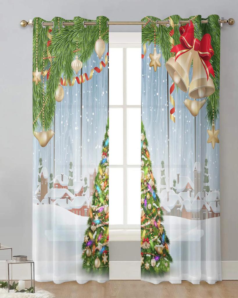 Bells Christmas Tree Snow Village Sheer Curtains for Living Room Decoration Window Curtains Kitchen Tulle Voile Curtains
