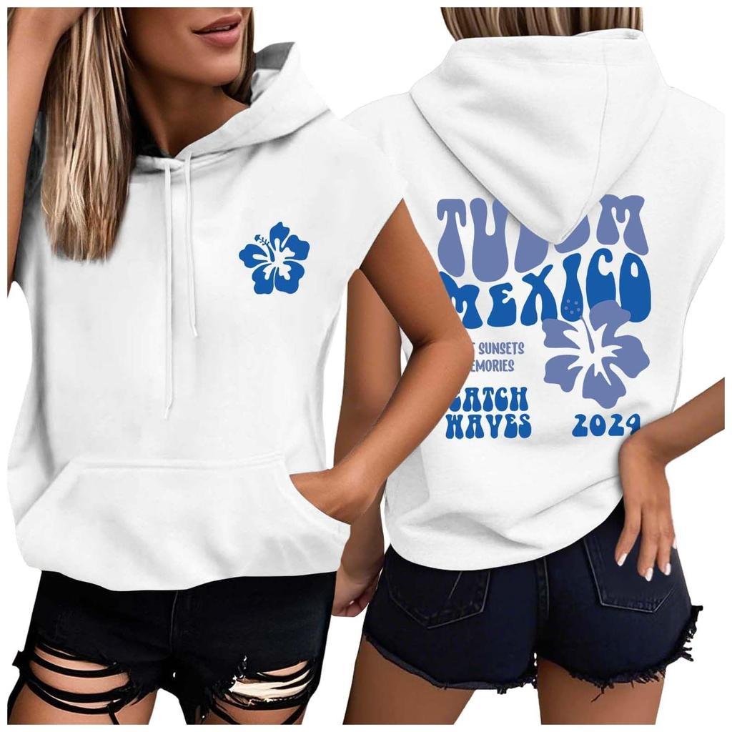 Женские летние футболки без рукавов с капюшоном, толстовки с капюшоном, свободные повседневные туники, толстовки