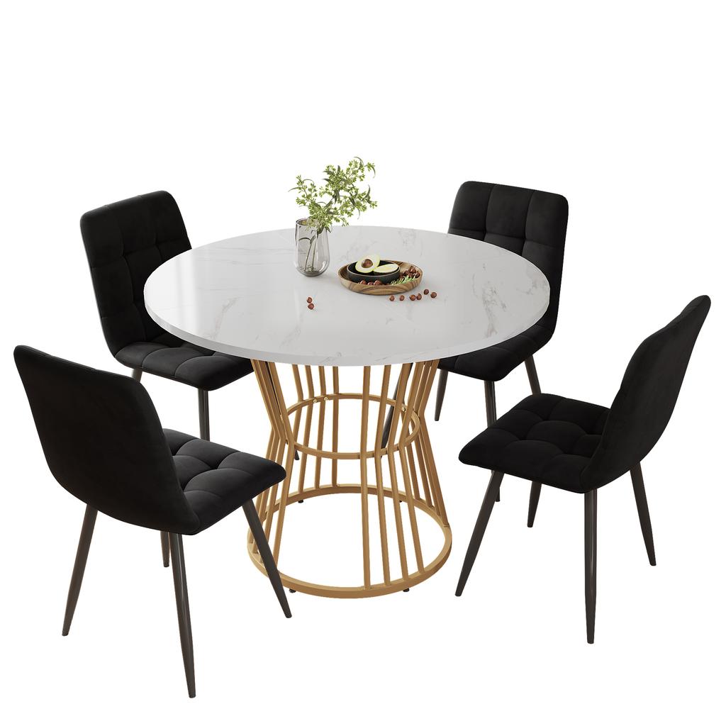 Dining table set (5-piece) with 4 chairs, round kitchen table with 100 cm diameter and gold metal legs, white MDF tabletop, black velvet chairs