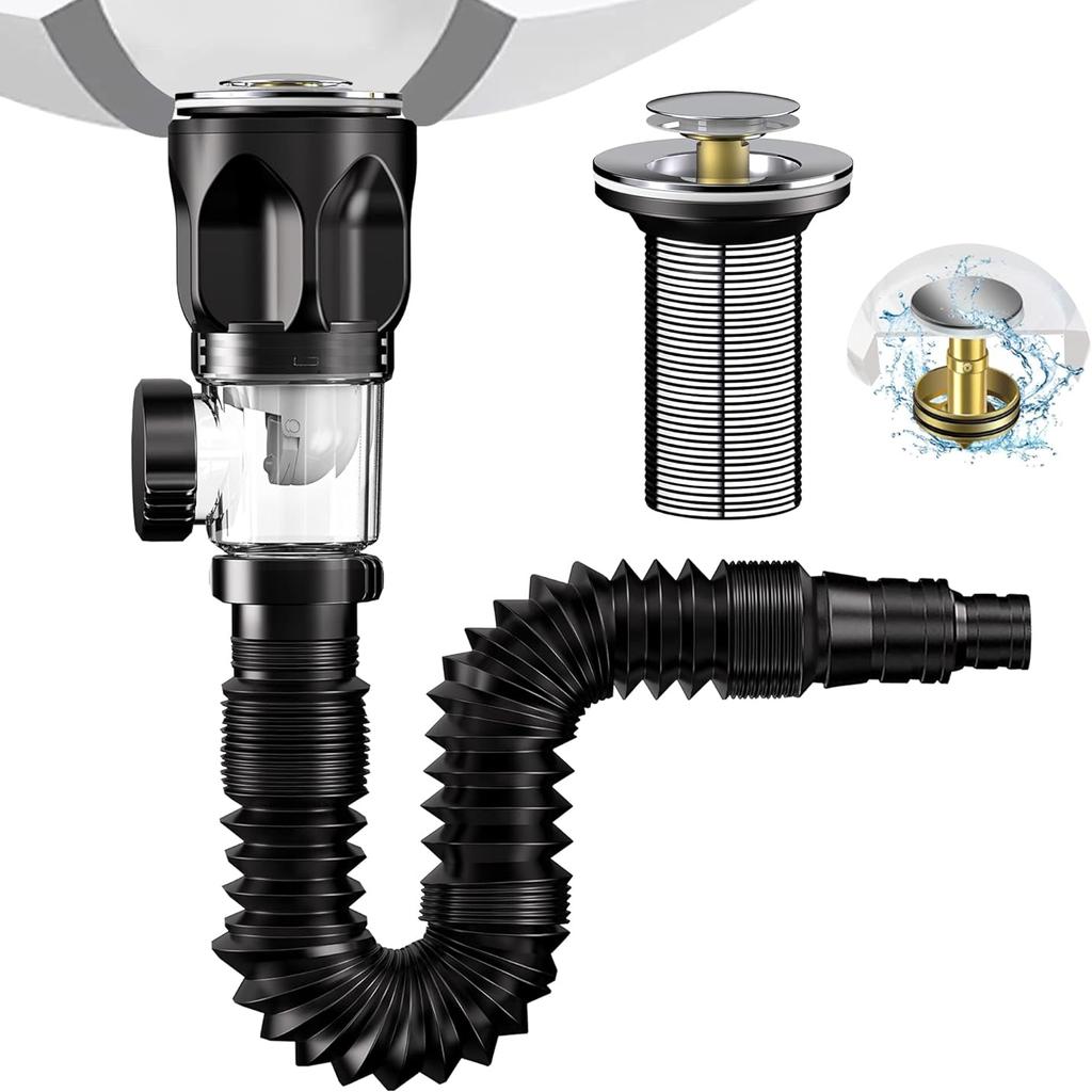 Слив для раковины, комплект для слива раковины в ванной комнате, сифон для раковины с гибким выдвижным сливным шлангом из ПВХ и выдвижной пробкой для раковины, устойчивый к запаху и насекомым
