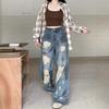 Тай-дай Пустошь Ветер Широкие штанины Рваные джинсы Женские Ретро Большие размеры Осень Драпирующиеся Волочащиеся брюки Ретро Уличный стиль Мешковатые Длинные джинсы для женщин