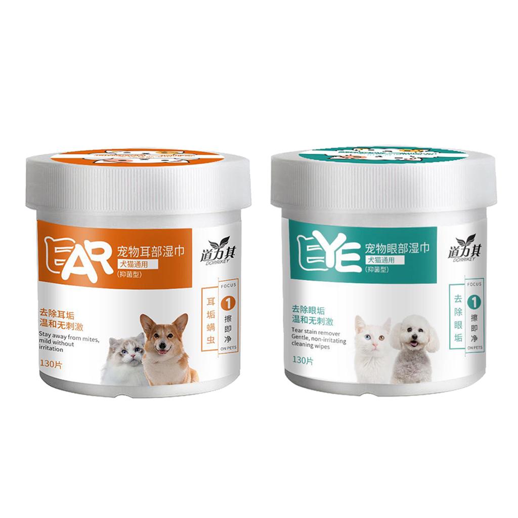 130pcs Box Pet Ear Cleaner Wipe, Eye Wipes for Dogs Cats Puppies, Cleaning Tear Stains Dirts Earwax, Non Woven Fabric