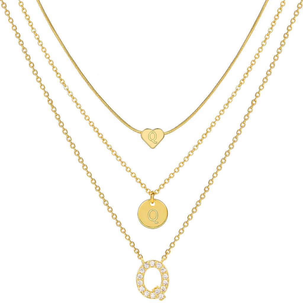 17KM 3 Pcs Plated Heart Initial Necklace Sets for Women Fashion Multilayer Letter Choker Necklaces Copper Metal Jewelry Gift