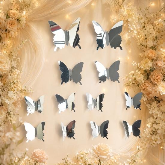 jijijing 12Pcs Butterfly Wall Decals, DIY 3D Mirror Stickers, Removable Decals for Birthday Party Bedroom School Bathroom Living Room Decor
