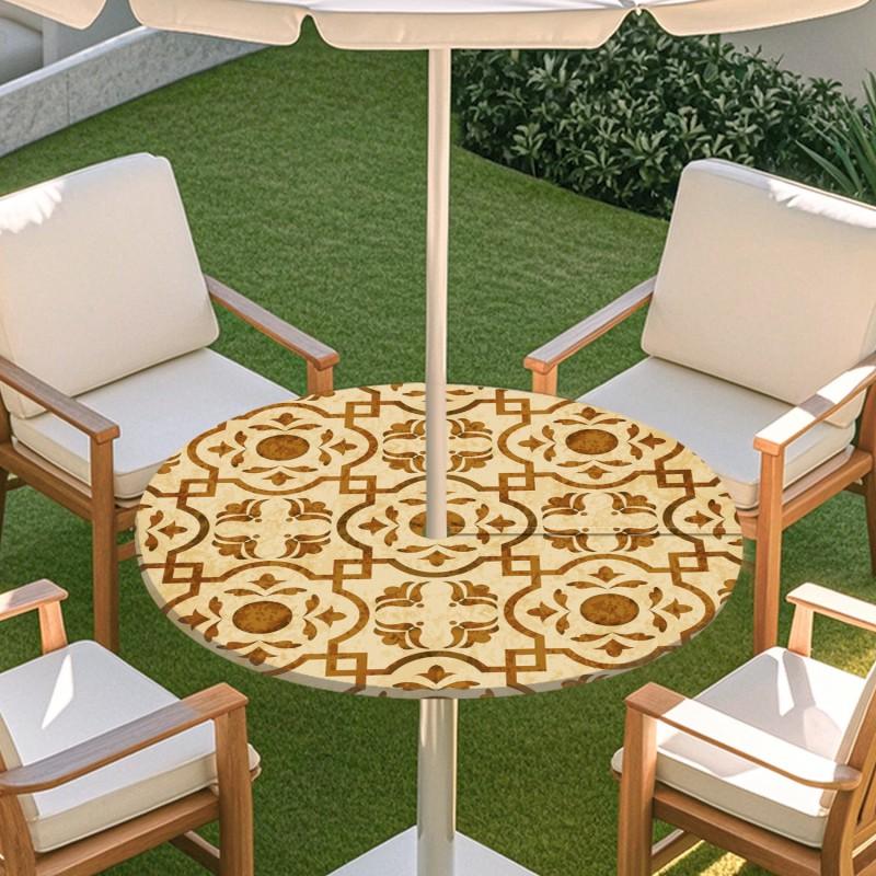 Outdoor Round Table Cover With Geometric Waterproof Elastic Edge Patio Garden Dining