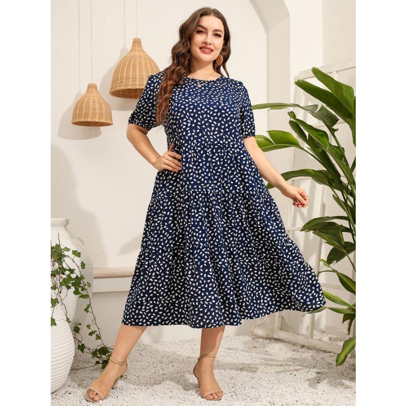Летнее женское платье размера плюс, нерегулярное платье в горошек с коротким рукавом, свободные длинные платья с круглым вырезом и большим подолом