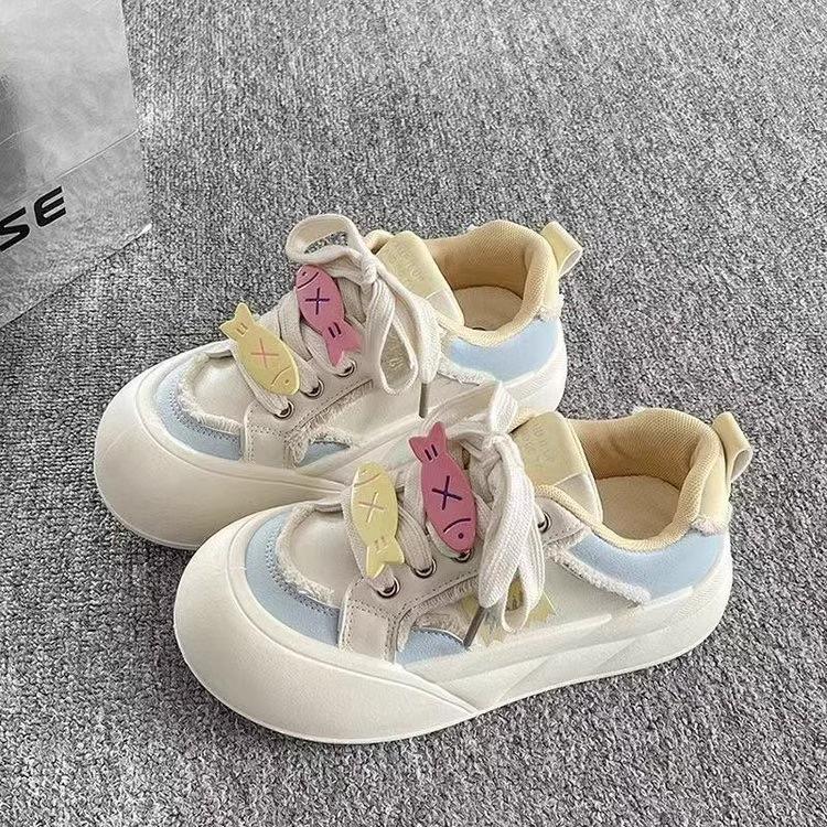Fashion Korean-style 2025 Spring Women's Dopamine Bow Platform Sneakers - Chunky White Bread Shoes Cute & Versatile Thick-Sole Summer