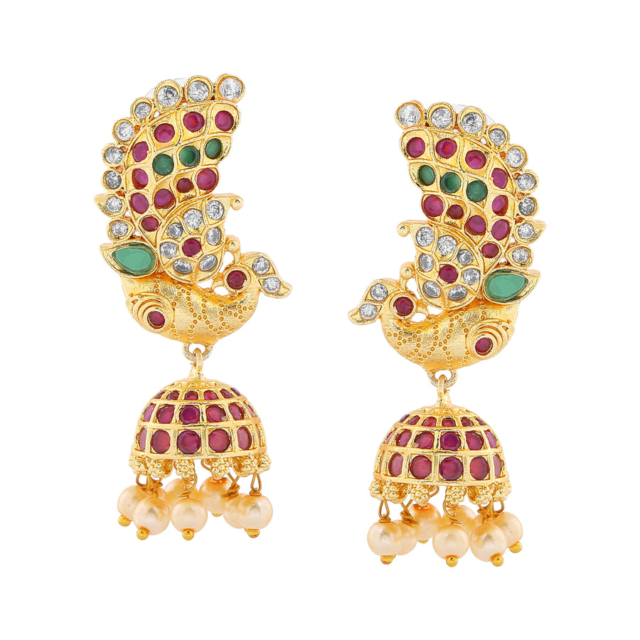 Женские дизайнерские серьги Jhumki с позолоченными фианитами и павлином с жемчугом и цветными камнями