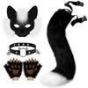 Faux Fur Half Face Mask Paw Gloves Wolf Fox Tail and Leather Necklace Set Costume for Halloween Cosplay Party