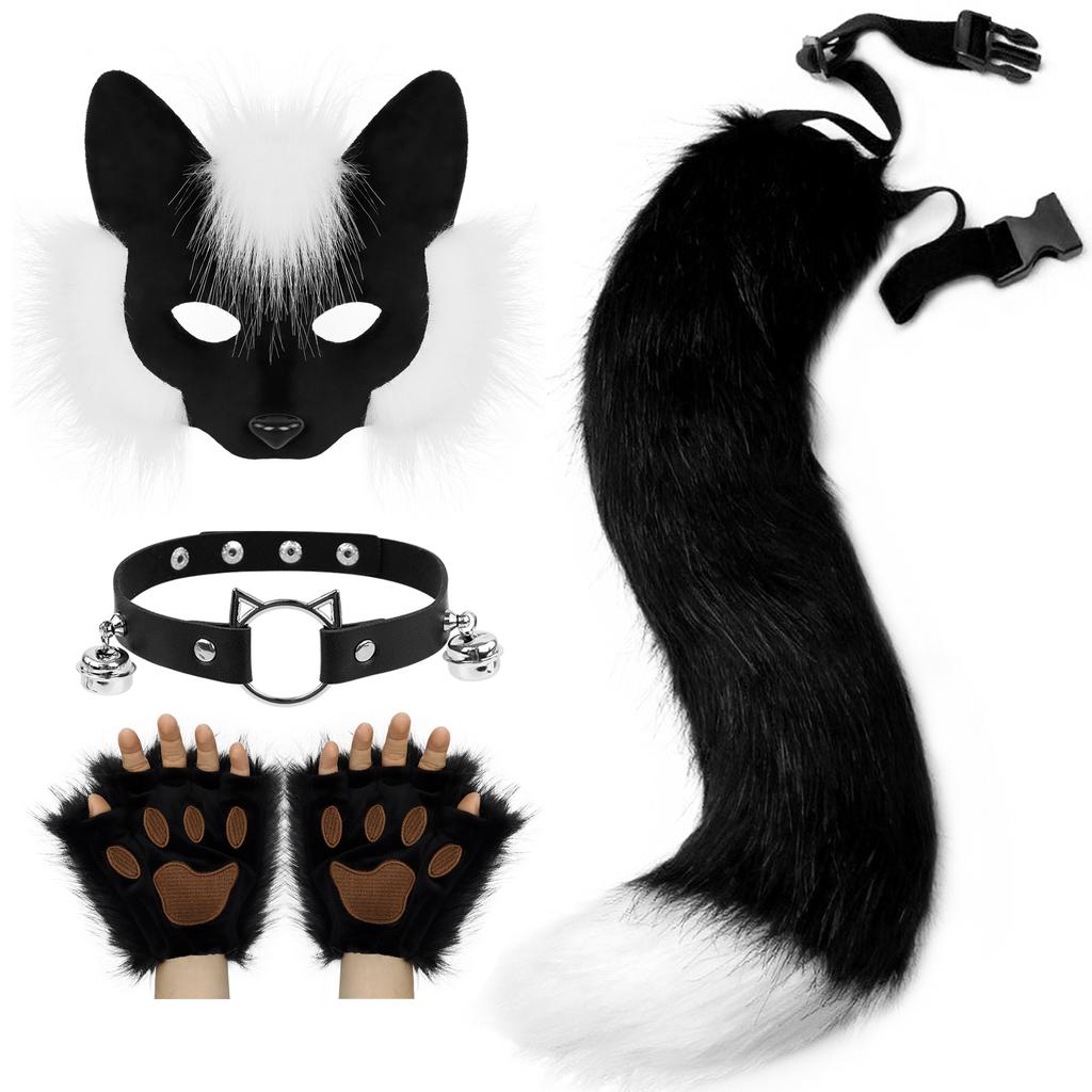 Faux Fur Half Face Mask Paw Gloves Wolf Fox Tail and Leather Necklace Set Costume for Halloween Cosplay Party