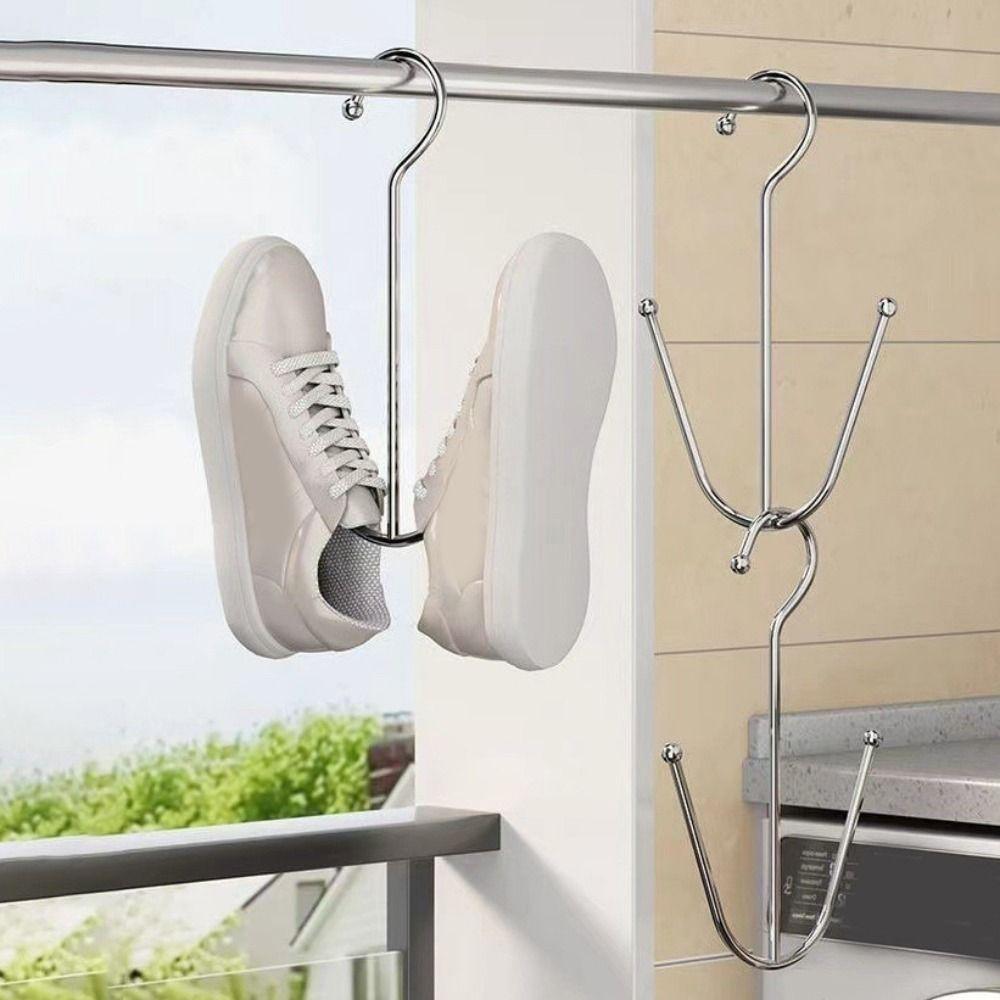 5PCS Stainless Steel Double Hook Shoe Rack Space Saving Sports Shoes Hooks  Outdoor Balcony