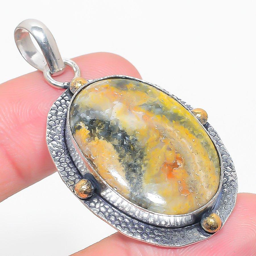 Bumble Bee Jasper Two Tone 925 Sterling Silver Gift Pendant 1.97" j1W38