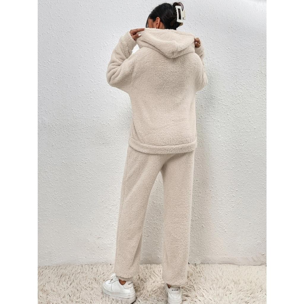 Осенне-зимняя однотонная женская одежда, худи с длинным рукавом, накладной карман, повседневные брюки, домашний комплект из двух предметов