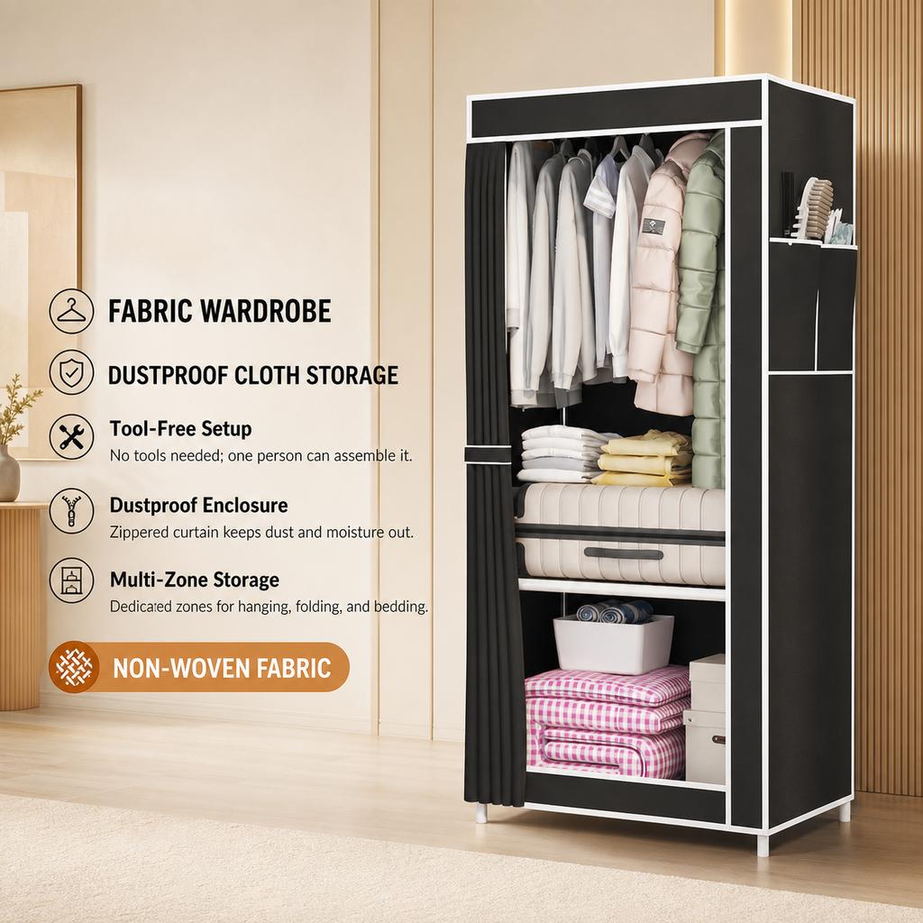 Non-Woven Fabric Wardrobe with Reinforced Steel Frame, Dustproof Zippered Enclosure, Multi-Compartment Storage, Easy Assembly